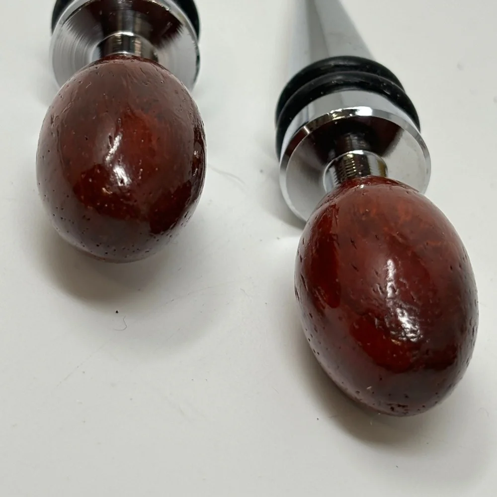 Set of Two Wine Bottle Stoppers Oval Olive Shaped Wood Finials Silver Tone